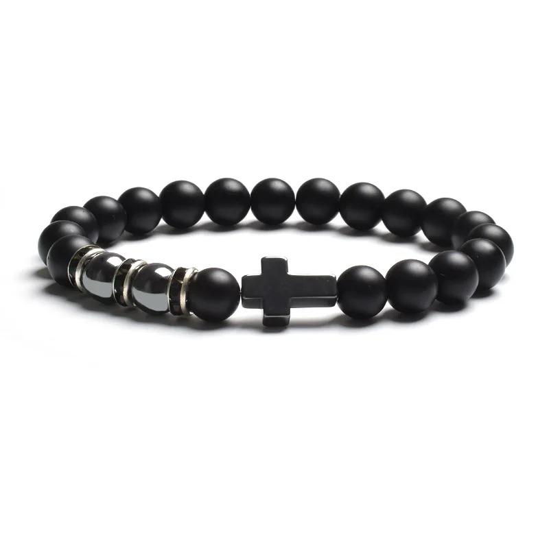 Fashion Religion Cross Men Women 8mm Natural Stone Tiger Eye & Black Matte Agates Bead Bracelet Elastic Bracelet Bangle Jewelry