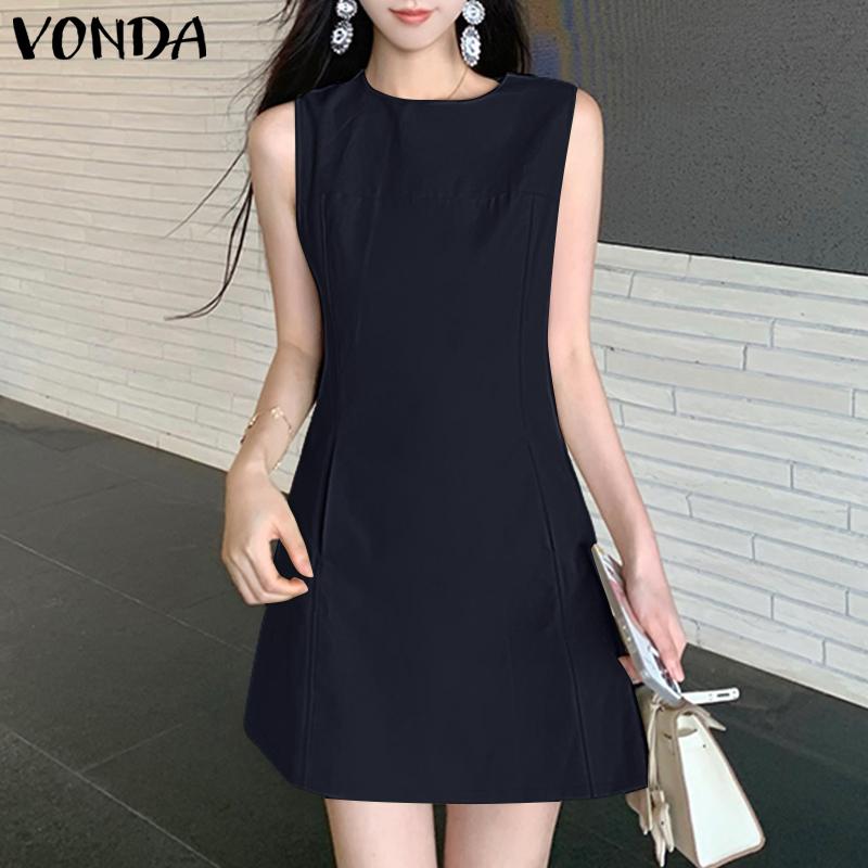 VONDA Summer Women Round Neck Sleeveless Casual A-Line Dress