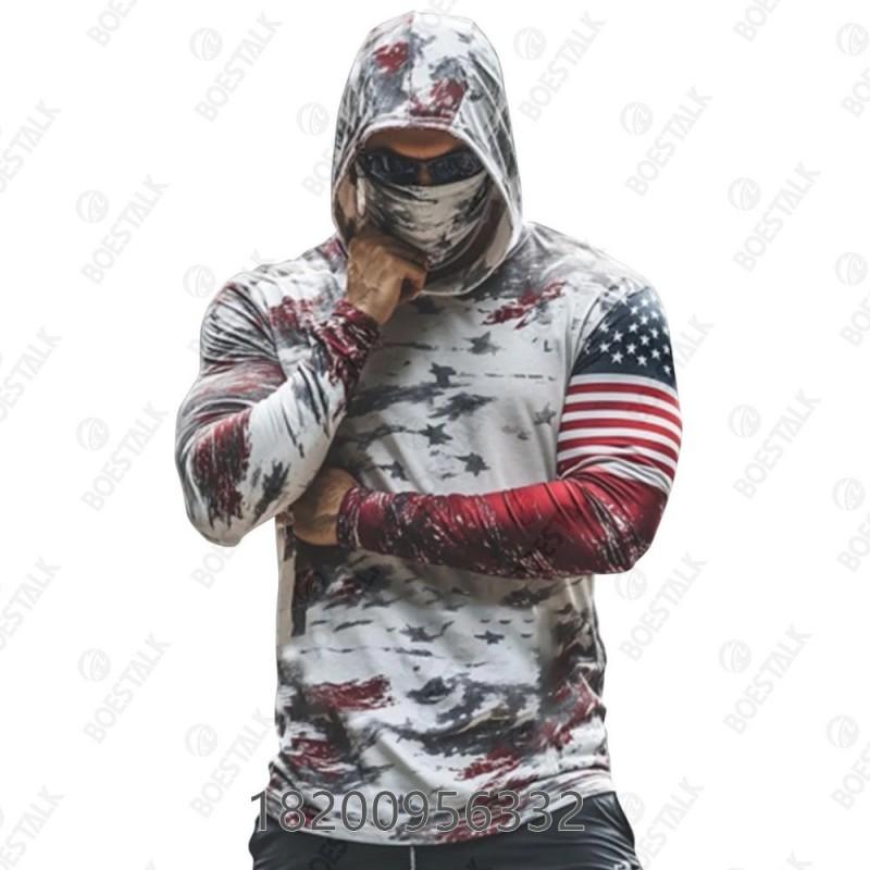 Mens Camo Fishing Shirt UPF50 Sun Protection Hooded Mask Quick Dry Wear
