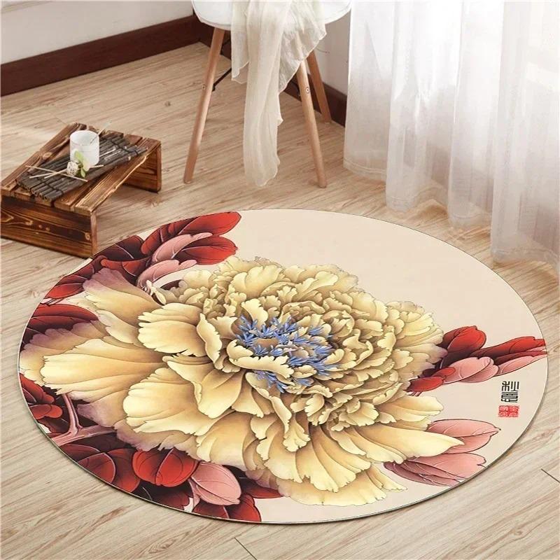 Lotus and Peony Pattern Round Carpet, Living Room Decorative Mat, Bedroom Foot Mat, Chinese Style Retro, Non-slip Chair Mat