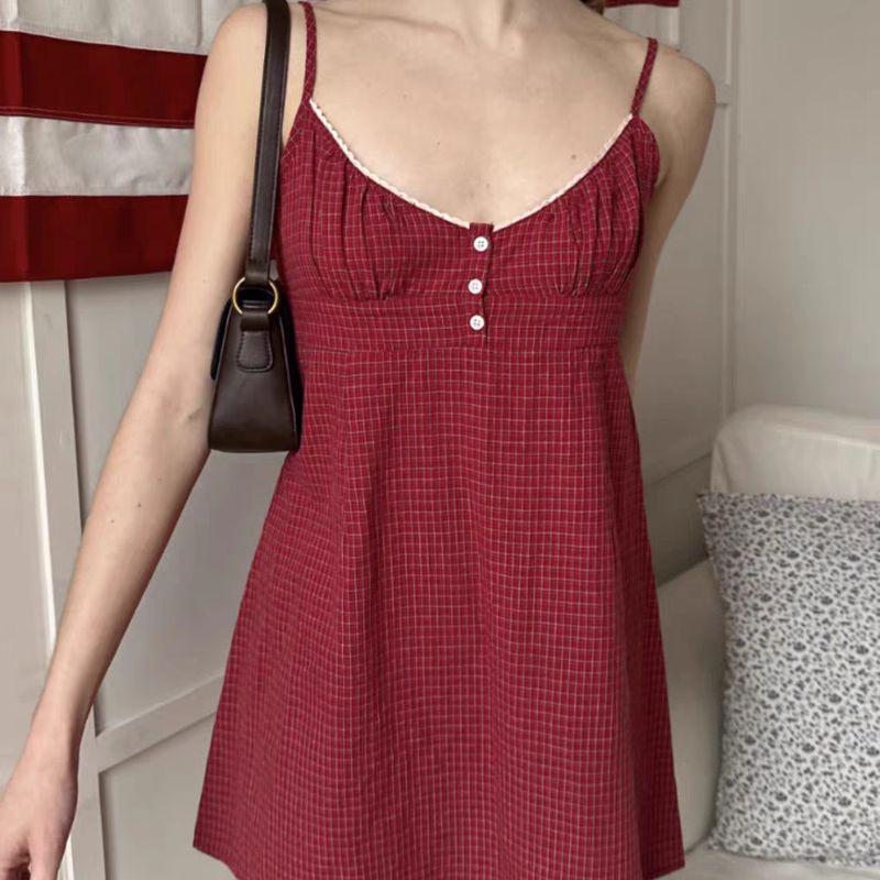 

Brandymelody New Arrival BM Red for Women Gingham Sling Dress Female Loose Slimming Elegant Long Dress RED CHECK One size