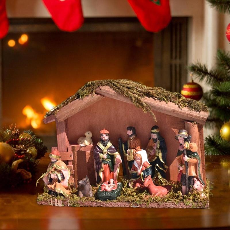 Permanent Religious Birth Manger Display With Oaken Stable And Rosin Figures