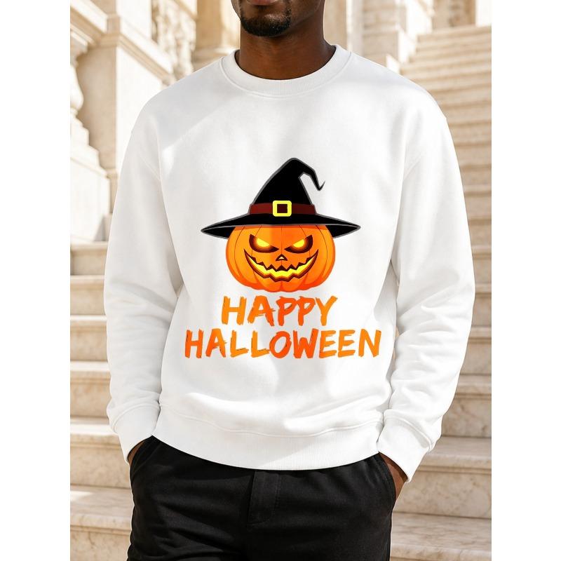 Men's  Crewneck Sweatshirt - Autumn Winter Warm Pullover with Pumpkin Witch Hat , Casual Daily Wear Gift for Him, Non- Long Sleeve Shirt