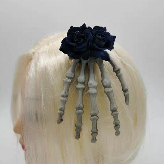 Skeleton Hand Hair Clip Gothic Barrette with Faux Roses Punk Style Hair Accessories for Halloween Themed Party Dress-up