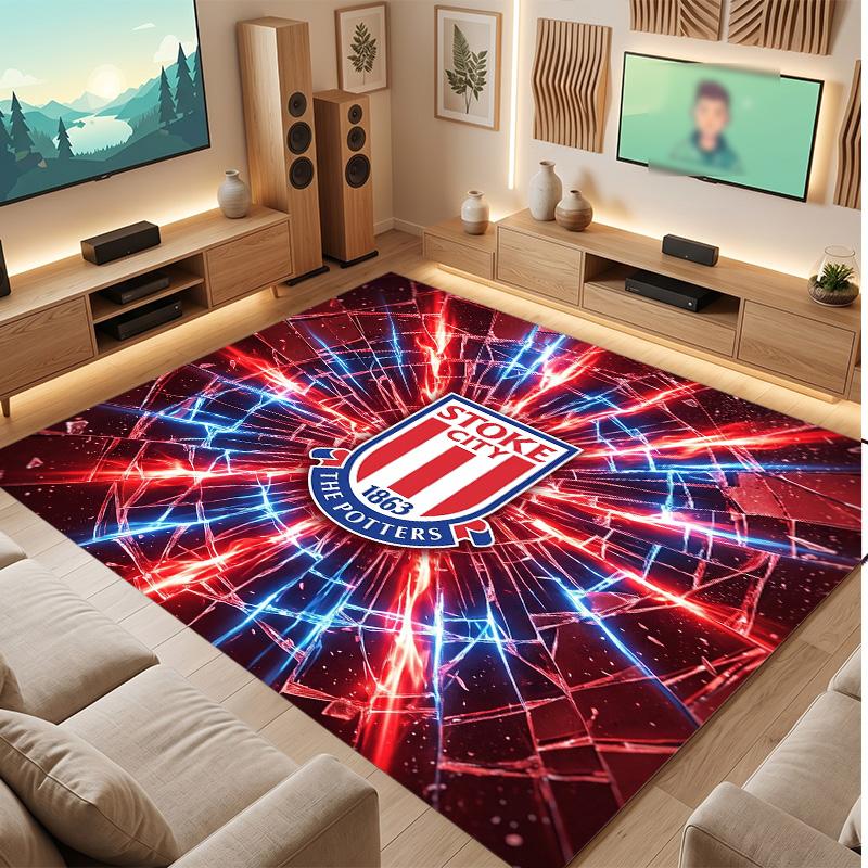 Stoke City Football Print Crystal Velvet Rug, Comfortable Water Absorbent Non Slip Indoor Floor Carpet