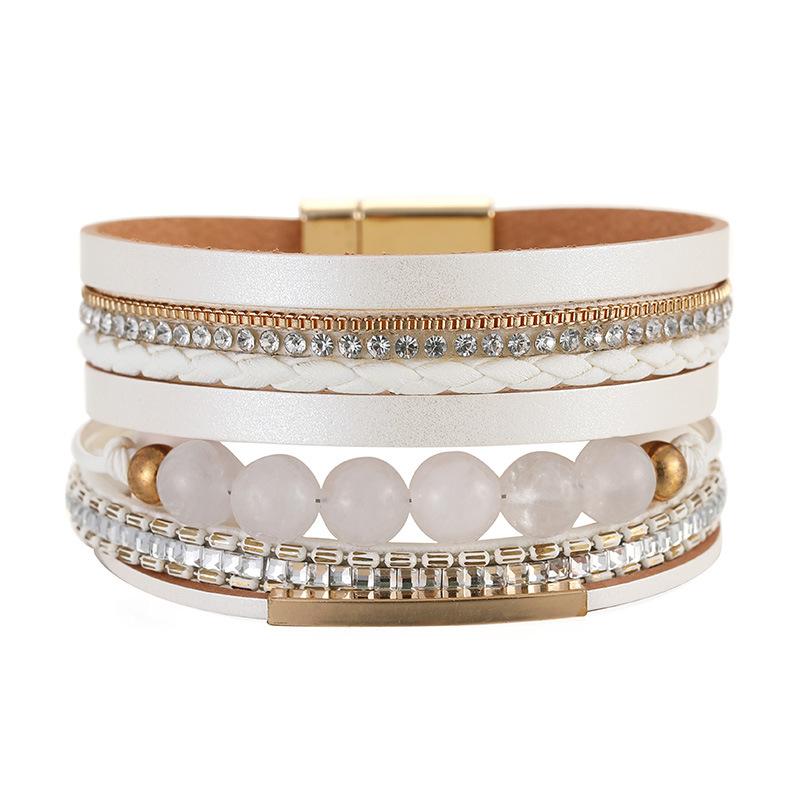 Bohemian Retro Multilayer Women Glass Drill Leather Magnetic Buckle Bracelet