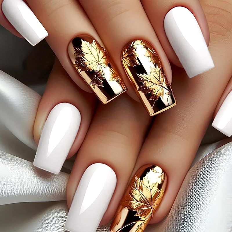 Fall Press on Nails Long Ballerina Coffin Nails Thanksgiving Maple Leaf Acrylic Glue on Nail Glossy Autumn Gold Maple Leaves Fake Nail for Women DIY