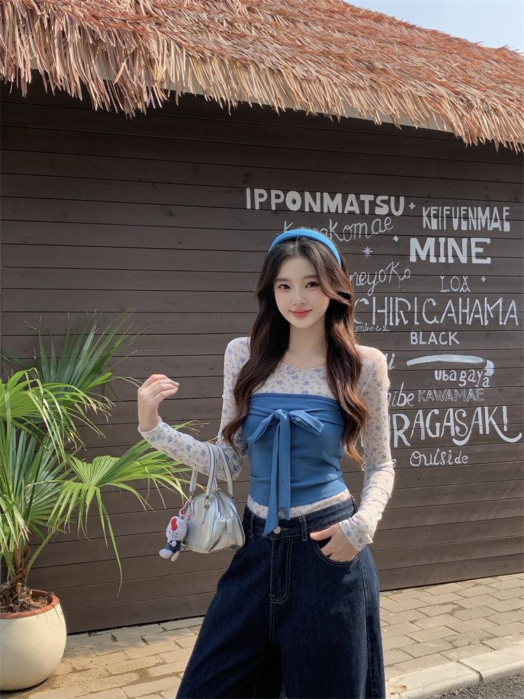 2026 New Plus Size Korean Style Bow Blue Strapless T-shirt & Pants Set XXXXL