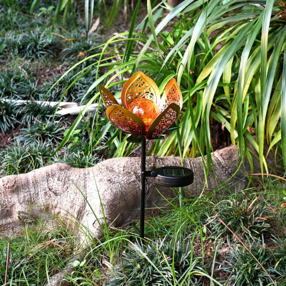 Lotus Shaped Solar Powered Lamp Hollow Out Design Waterproof Garden Decoration Lamp LED Flower Iron Ground Plug