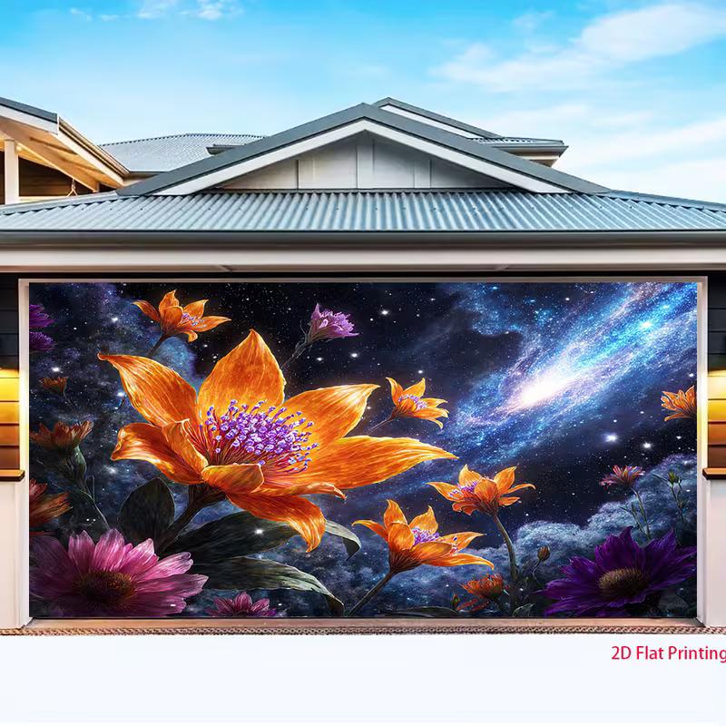 2D Themed Tapestry for Modern Decor, Cosmic Flowers with a Bright Nebula and Starry Night