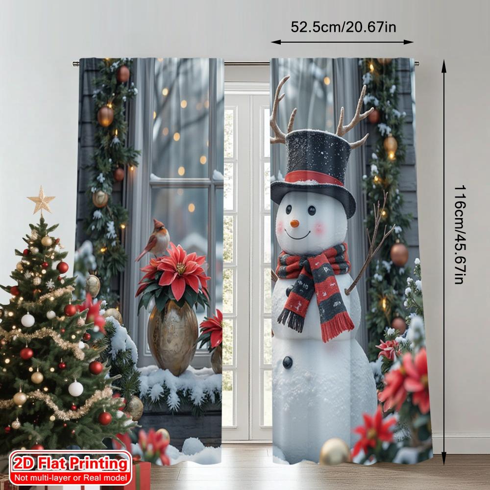 2pcs 2D Flat Printing Christmas Party Curtain Happy Snowman Festive Polyester Without Electricity Family Party Use for Holiday