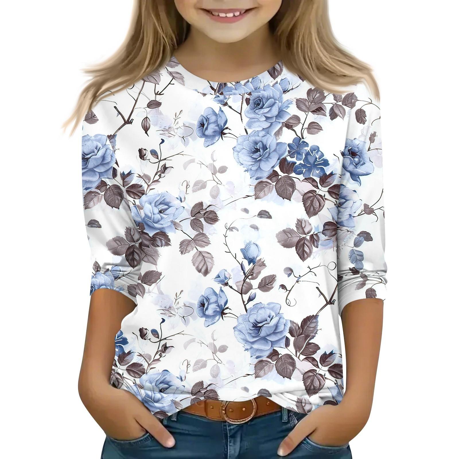 

Детская футболка с рукавом 3/4, повседневная футболка с принтом, круглый вырез, блузка-пуловер 160