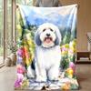 Fluffy Dog In Flower Garden Theme Blanket Lightweight Warm Flannel Blanket Decorative Throw Blanket for Home Decoration