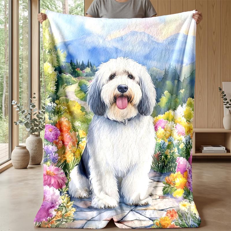 Fluffy Dog In Flower Garden Theme Blanket Lightweight Warm Flannel Blanket Decorative Throw Blanket for Home Decoration