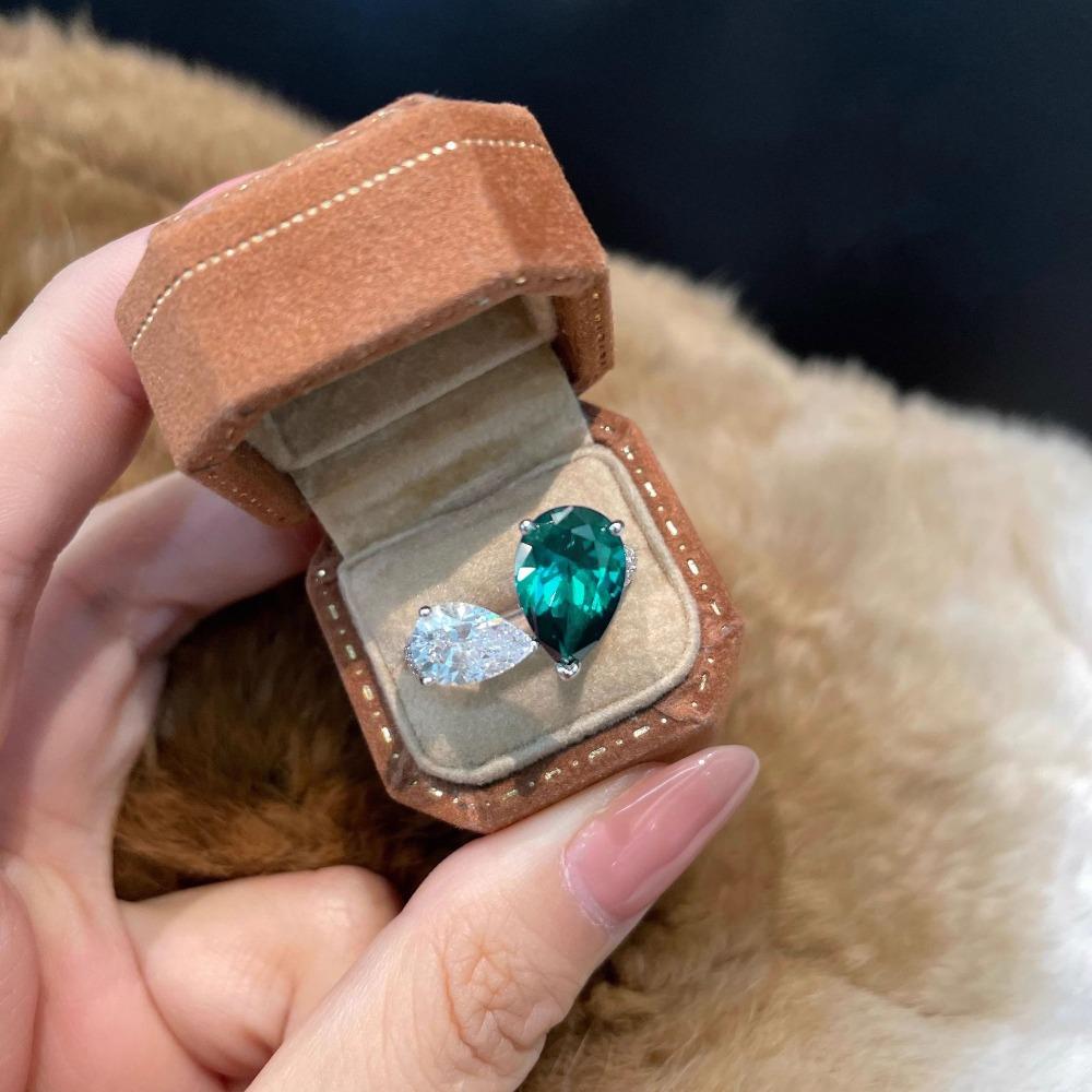 Open Ring Fashion Luxury Red Diamond Drop Shape Ring Unique Design Blue Gemstone Women Statement Ring