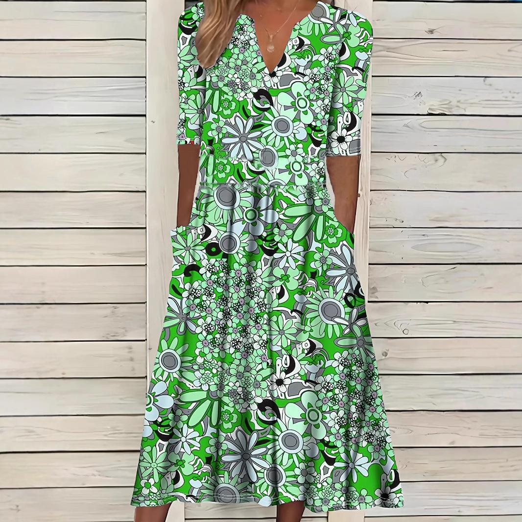 Women s Short Sleeve V-neck Loose Printed Elegant Midi Dress S зелёный