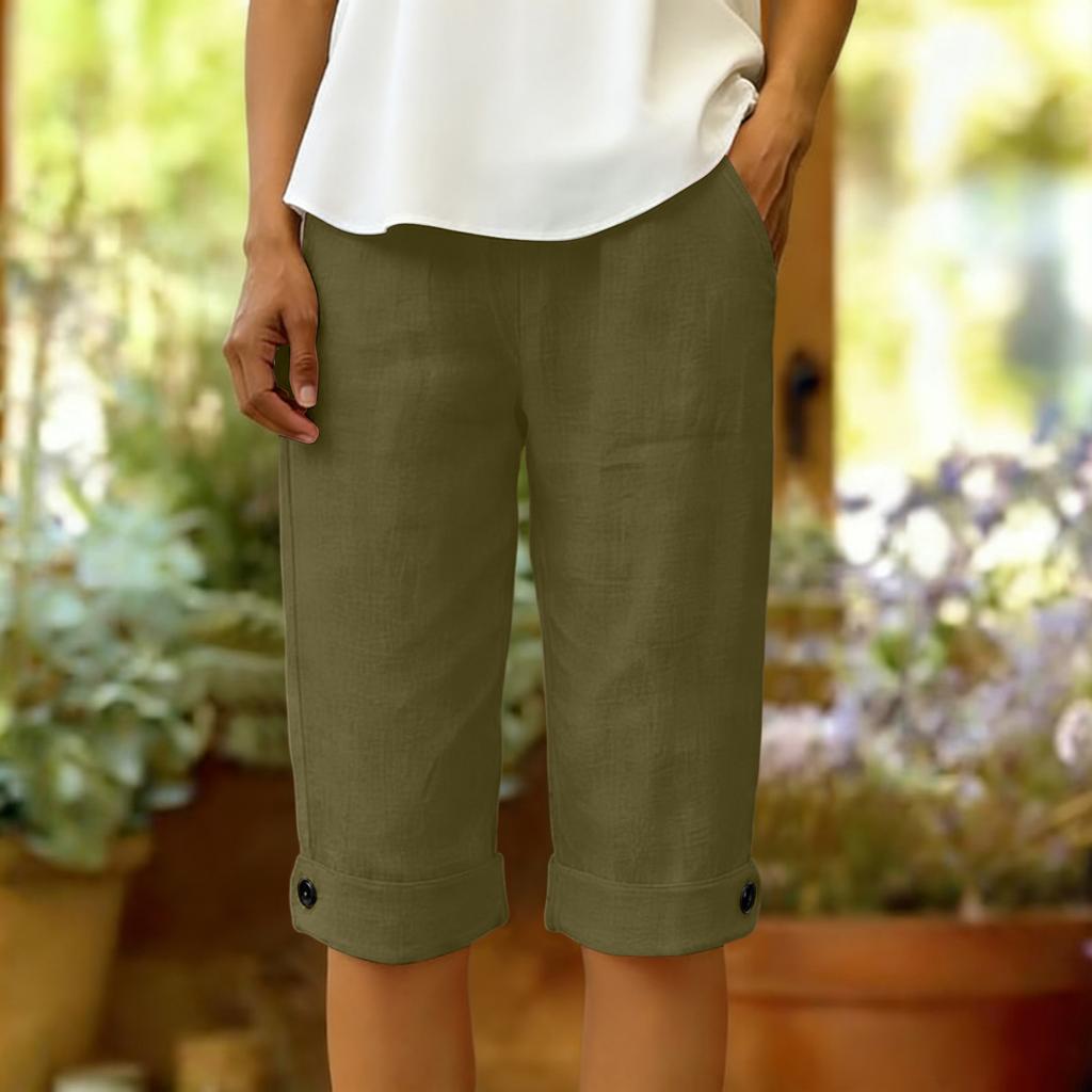 Women's Summer Fashion Color Elastic Waist Cotton Linen Five Quarter Pants Casual Loose Rolled Edge Pocket Shorts