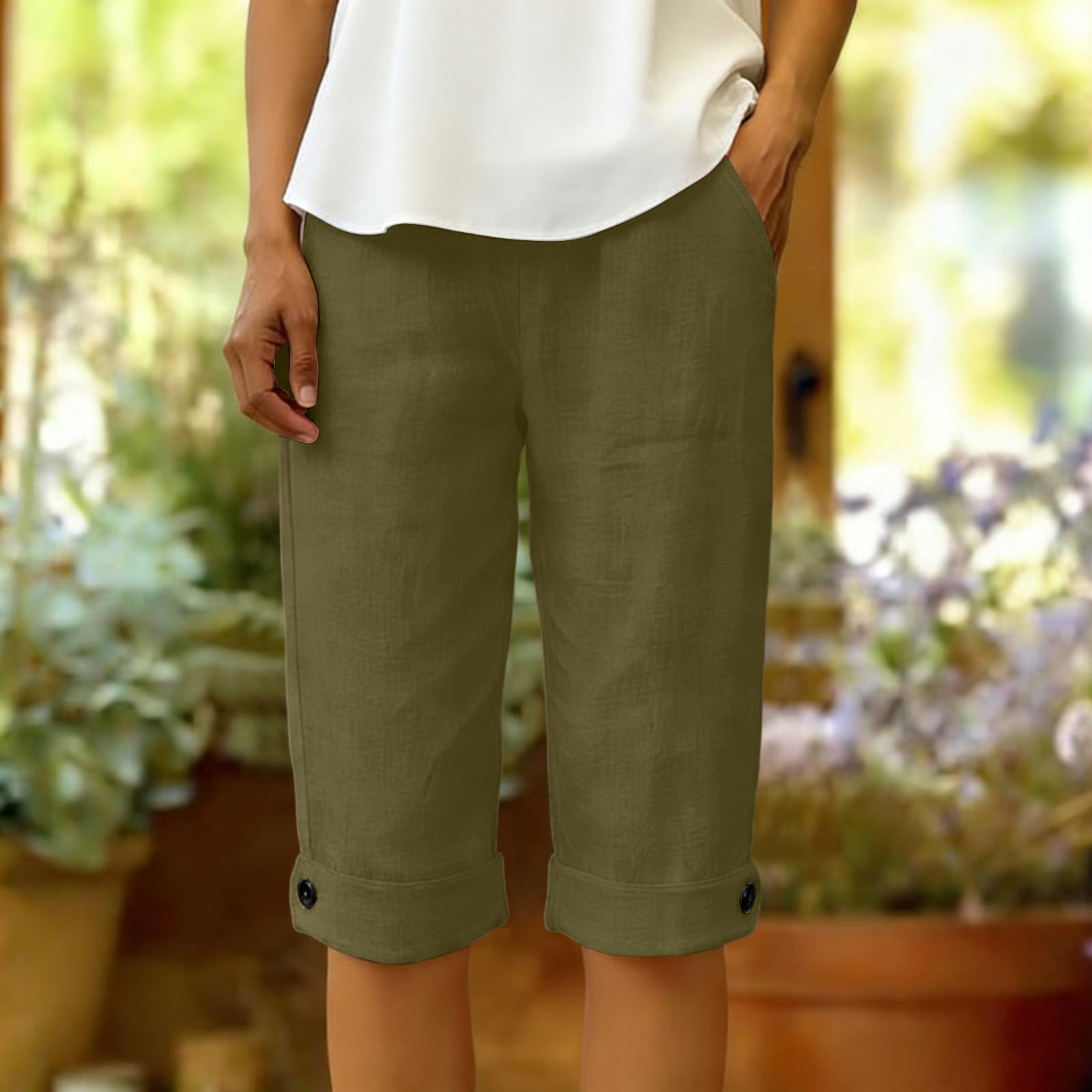 

Women s Summer Fashion Color Elastic Waist Cotton Linen Five Quarter Pants Casual Loose Rolled Edge Pocket Shorts M