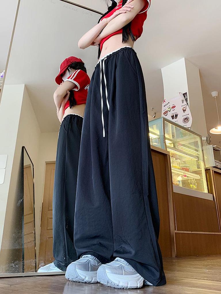 Korean Retro Colorblock Ice Silk Wide-Leg Summer Pants for Women