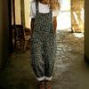 Leopard Print Denim Overalls With Adjustable Straps Pockets Relaxed Fit Cuffed Leg Womens Casual Jumpsuit