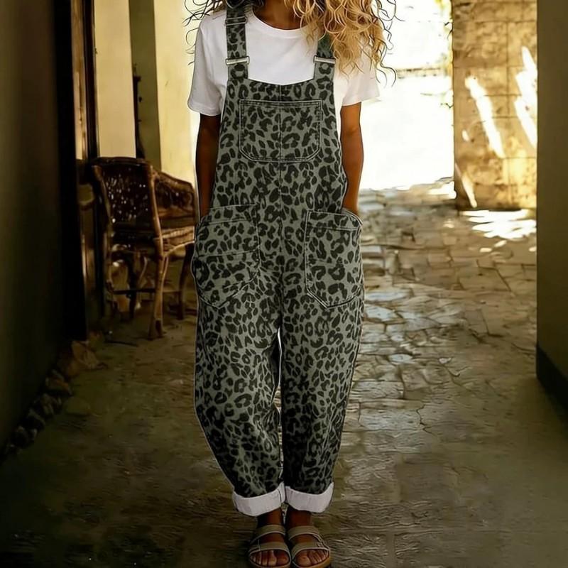 Leopard Print Denim Overalls With Adjustable Straps Pockets Relaxed Fit Cuffed Leg Womens Casual Jumpsuit
