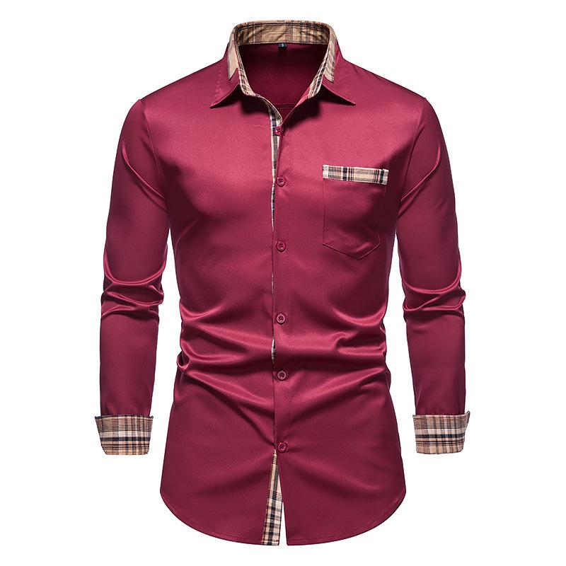 Men's Autumn Color Block Slim Fit Long Sleeve Checkered Collar Shirt
