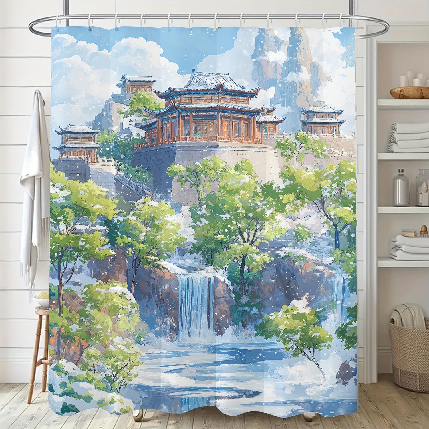 

Hand-Painted Watercolor Chinese Style Shower Curtain, Colorful Modern Design, Digital Print, Home & Bathroom Decor W60H190(CM)-1 Pcs