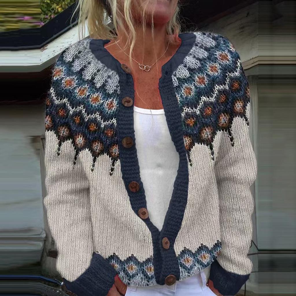 Swetry kardigan Fair Isle dla kobiet z okrągłym dekoltem, o luźnym kroju, zapinane na guziki, gruby sweter, otwarty przód, casualowa jesienna dzianinowa kurtka