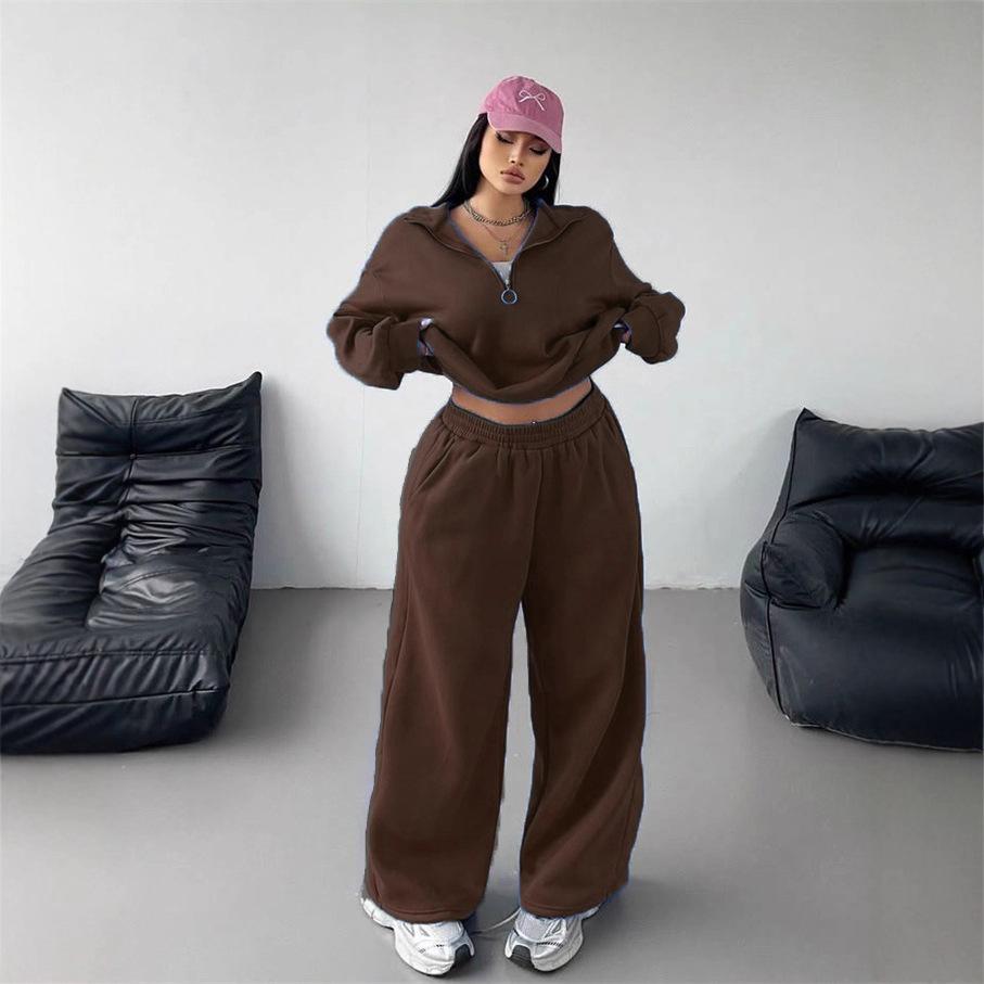 

Женские комплекты больших размеров, свободный повседневный модный пуловер-кардиган с половиной застежки-молнии, брюки, осенне-зимний комплект из двух предметов S