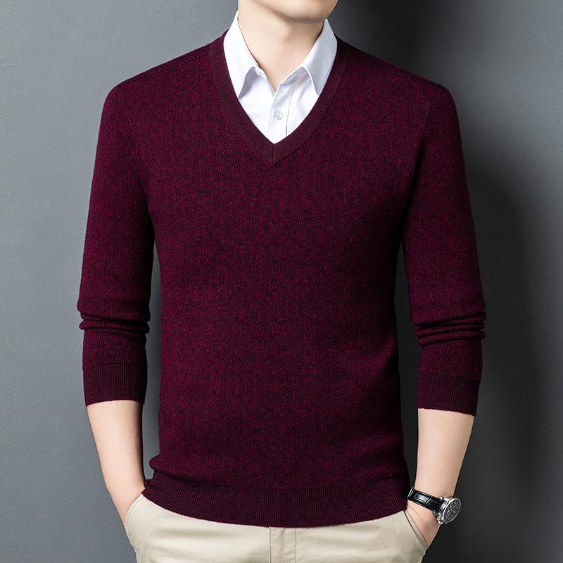 100% Pure Wool Slim-Fit Knitted V-Neck Pullover for Middle-Aged and Elderly Men XXXL (190)