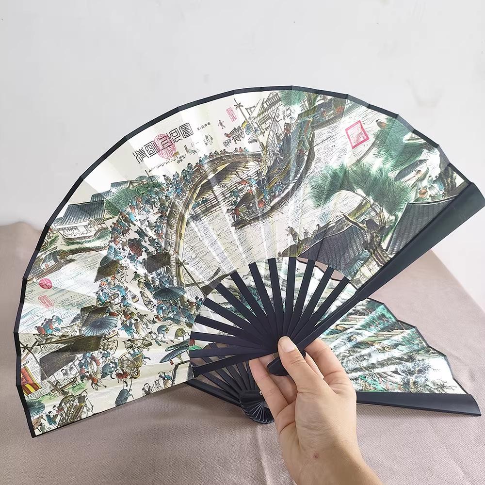 Ancient Style 8-Inch Folding Plastic Fan with Tassel for Men's Hanfu Dance