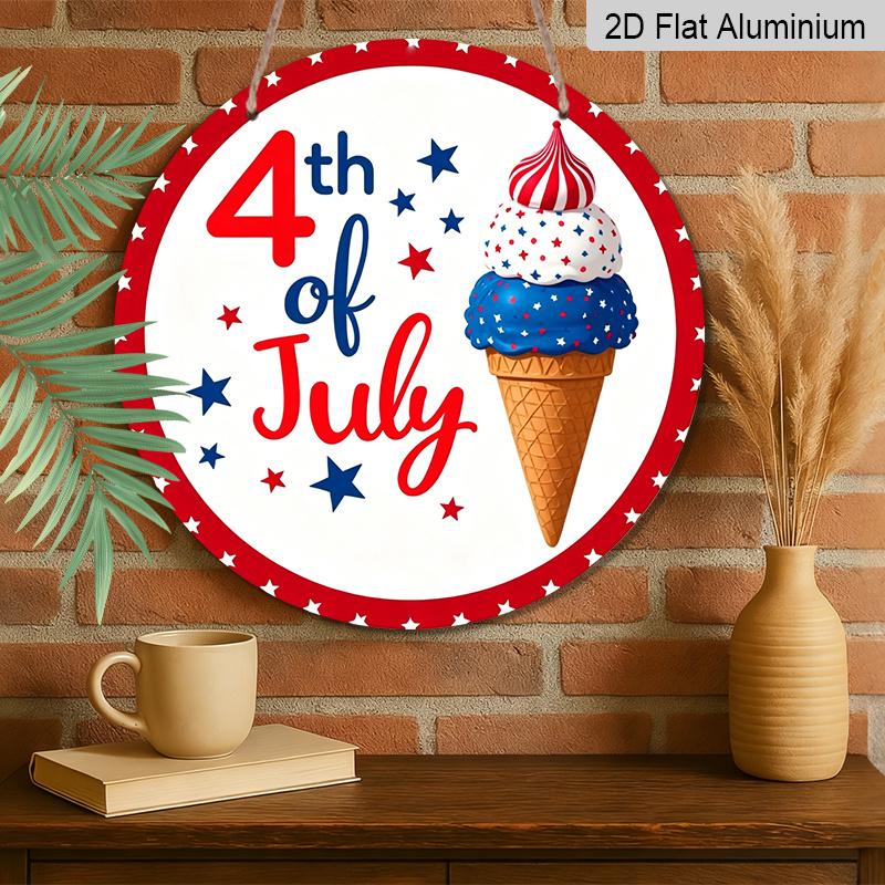 2D Flat - Decorative Signs, 4th of July Patriotic Aluminum Pendant with Hemp Rope - Round Ice Cream Cone Design, Red White and Blue Stars and Stripes