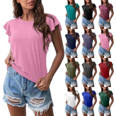 Women's Fashion Round Neck Ruffle Short Sleeve Solid Color Casual T-Shirt