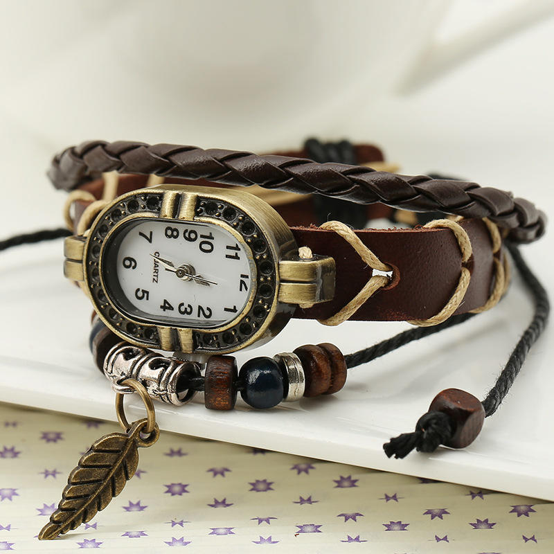 Women Genuine Leather Vintage Quartz Watch Multi Layer Handmade Bracelet Wristwatches Adjustable Length Couple Watch  Bangle