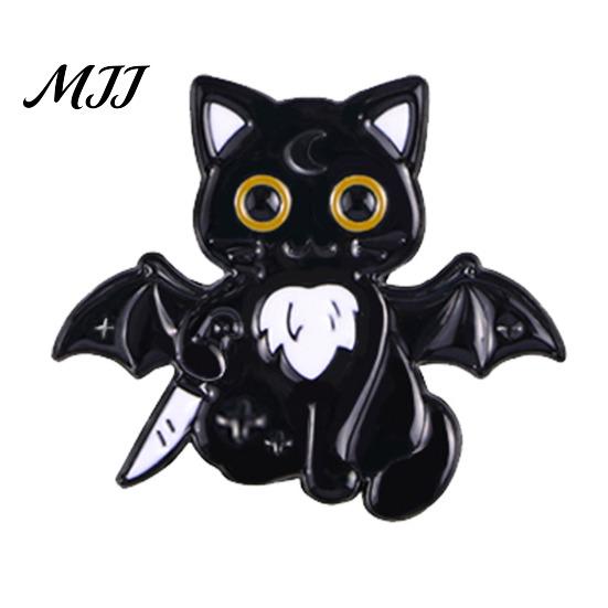 Dark Style Lapel Pin Enamel Craft Brooch Halloween Cartoon Black Cat Skeleton Shape Alloy Women Gift Badge Compact Size Easy to Fall Off