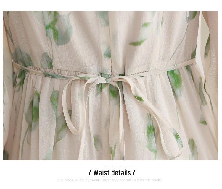 Elegant French Floral Print Puff Sleeve Dress: Spring & Autumn Waist-Cinching Long Skirt