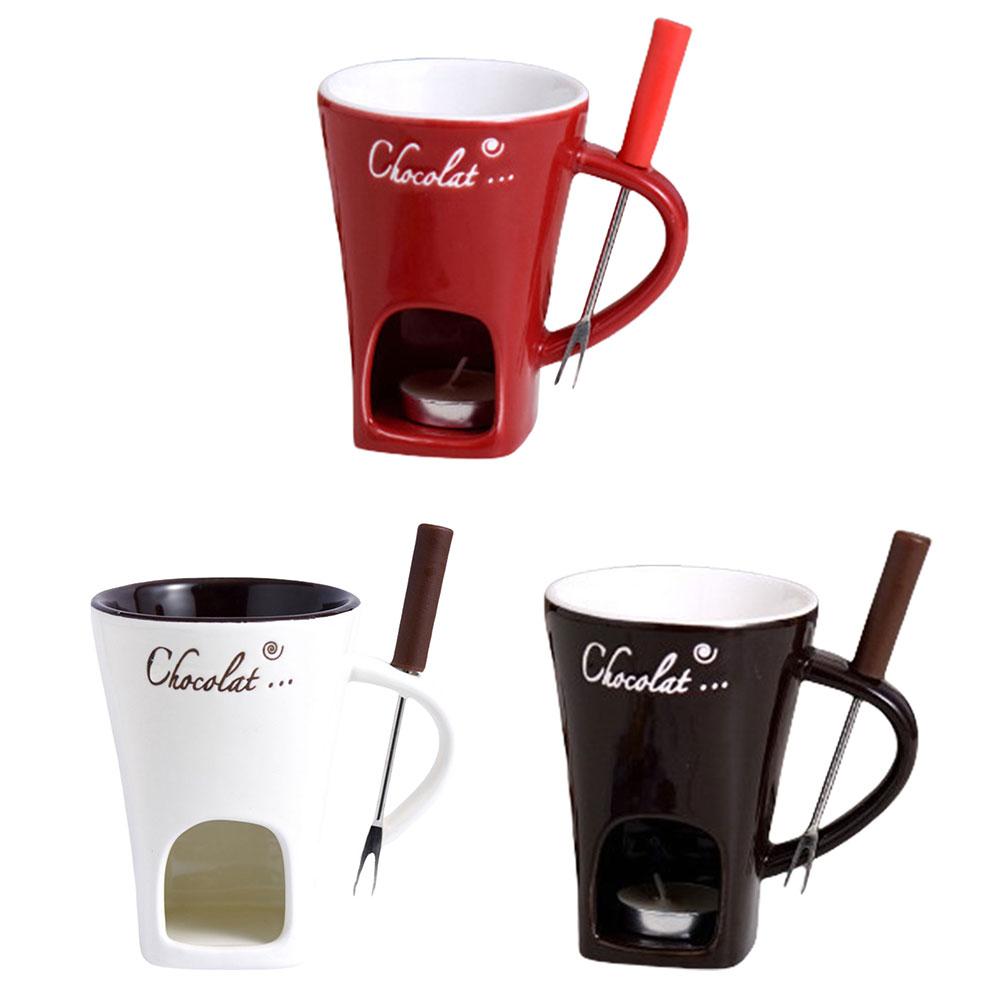 Sweet Fondue Cup with Fork Heating Food Ceramic Mug Creative Coffee Mug Gifts for Birthday Wedding and More