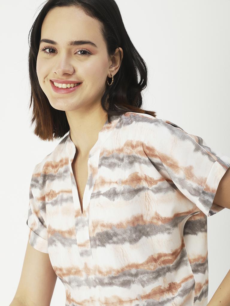 Moomaya Printed V-Neck Long Tops For Women, Short Sleeve Regular Fit Shirt