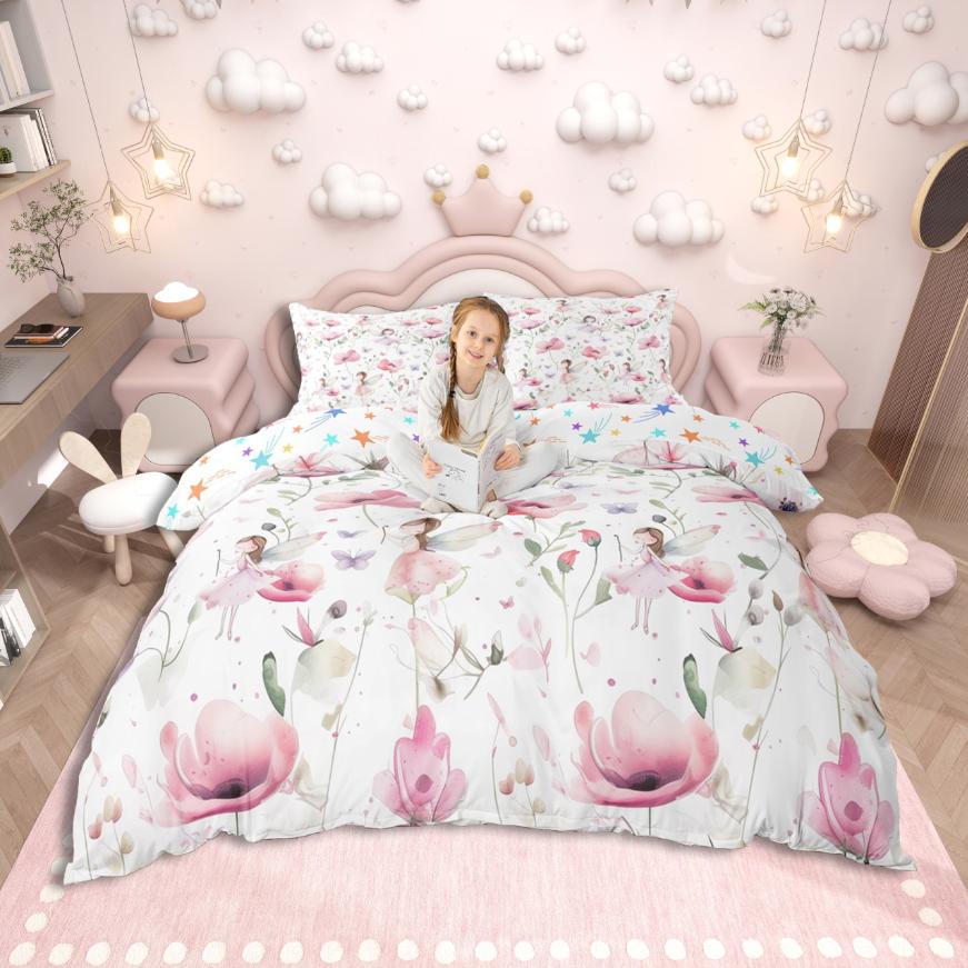 Homewish Cute Cartoon Elf Duvet Cover Set,Chic Flower Floral Bedding Set,Pink Purple White Bed Set For Girls