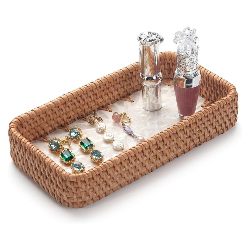 Elegant Rattan Jewelry Holder Decorative Serving Tray For Dresser Vanity Entryway Organize Accessories Watches Stylish Home Decors Gift