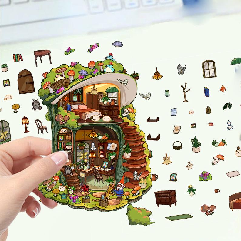 Cartoon Landscape Sticker Cat House Scene 3D Three-dimensional House Unzip DIY Scene Handbook Sticker