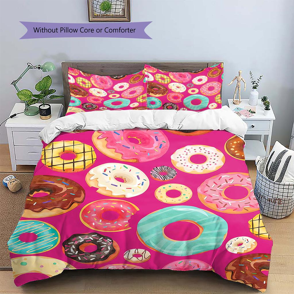 Donuts Pattern Bedding Quilt Set Quilt Cover Pillowcase Home Decoration Gift (1 * duvet cover + 2 * pillowcase, without core)