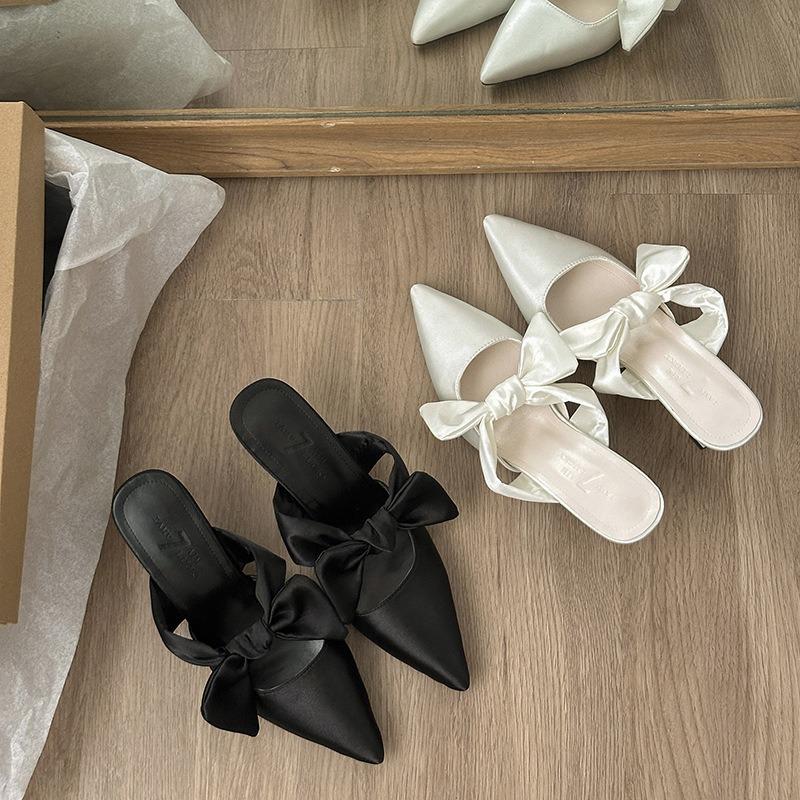 High heels women's spring and summer new bag head half drag pointed head bow outside slippers women