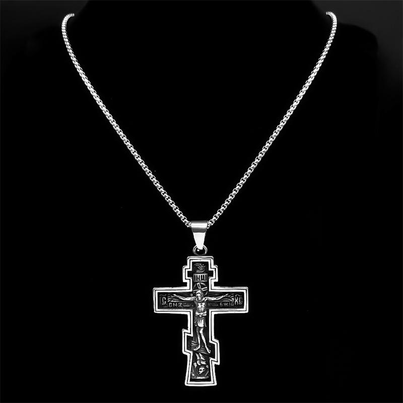 Retro Orthodox Icon Cross Statue Crucifix Pendant Necklace for Women Men Stainless Steel Silver Color Hip Hop Chain Jewelry