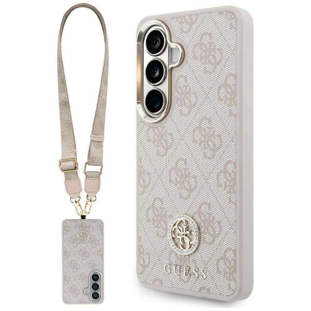 Zestaw Etui + Smycz Guess 4G Big         Rhinestone Triangle Strap Magsafe Do Samsung Galaxy S26 Różowy