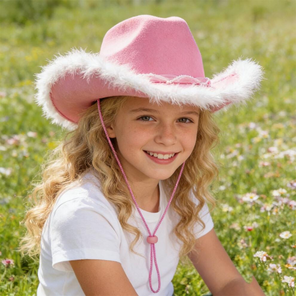 (M, Pink) Girls Cowgirl Hat Plush Edge Stylish Western Sun Hat with Pearl Ribbon Bow Belt Decor