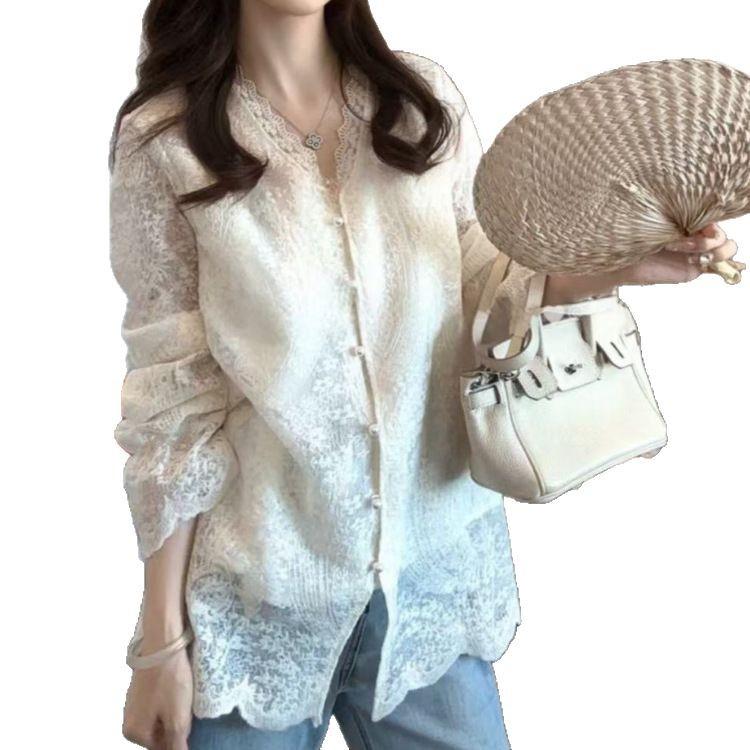 Stylish Women's Chinese-Style Vest & Lace V-Neck Long Sleeve Blouse Set