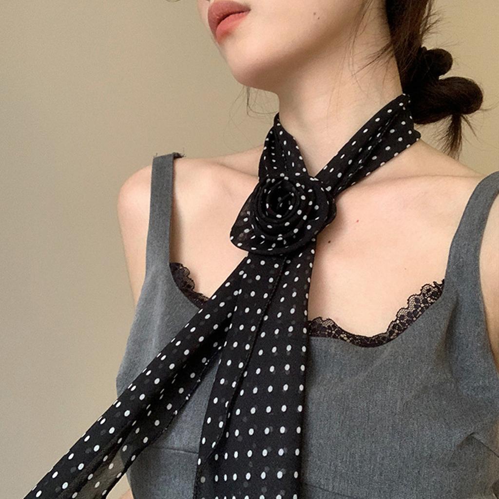 Silk Like Long Scarf Elegant Neck Decoration with Round Dot and Rose Flower Pattern for Fashion Forward Women
