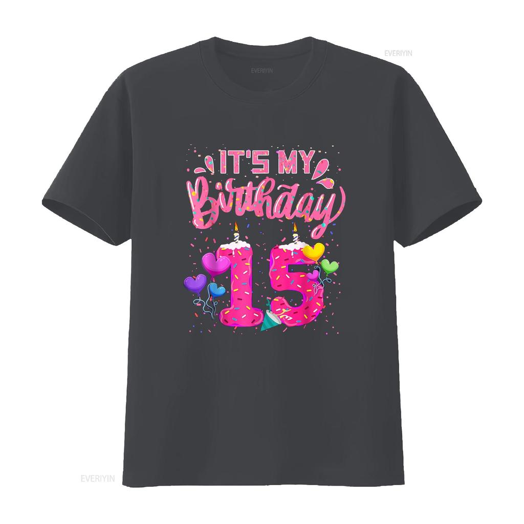 It s My 15th Birthday Doughnut Happy 15 Years Old Girl Kids T Shirt vintage Washed Stylish Casual graphic Versatile Soft