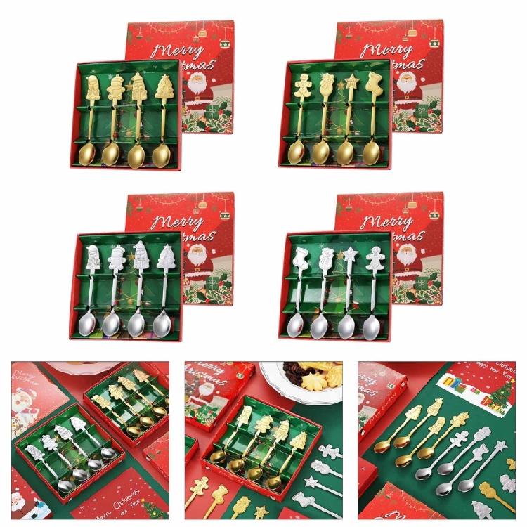 4Pcs Christmas Trees Santa Tea Spoon Gingerbreads Man Dessert Drink Mixing Spoon